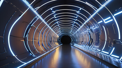 Smooth transitions through a modern, dark blue artificial tunnel envisioned for the future