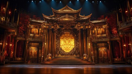 Obraz premium Ornate golden stage set with Asian architectural elements, lit by spotlights.