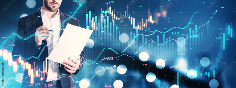 Poster businessman analyzing financial data with trading charts and graphs in the background.