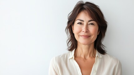 Obraz premium Serene Japanese Woman in Modern Blouse Smiling Softly Against White Background with Copy Space Above
