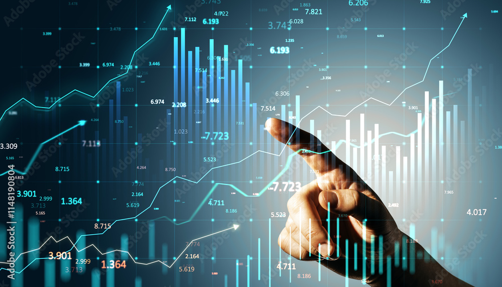 Aufkleber Hand pointing at financial graphs on digital screen displaying stock market trends and data analysis with upward growth charts.