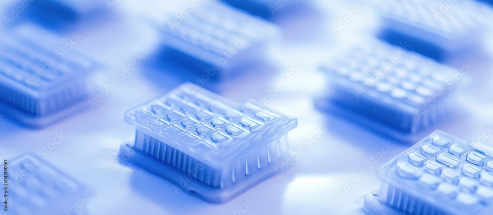 Poster close-up of multiple small, transparent, rectangular objects with numerous tiny bristles, arranged o