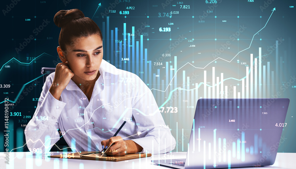 Poster businesswoman analyzing financial data with graphs and charts overlayed on screen.