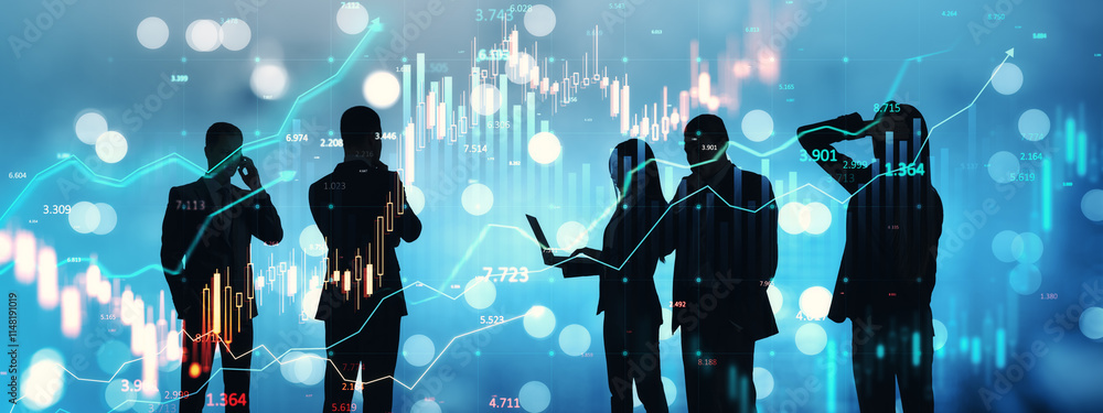 Aufkleber businesspeople analyzing financial data with charts and graphs on background.