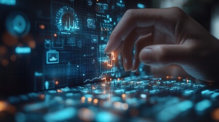 A hand interacts with a digital interface displaying data and analytics.