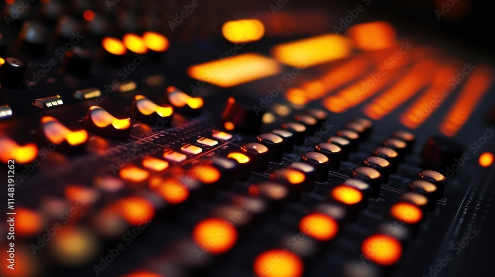 Poster close-up of illuminated audio mixing console knobs and buttons.