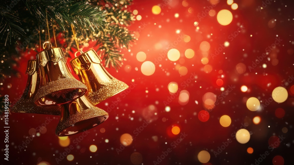 Aufkleber festive gold bells hanging from christmas tree branch with sparkling bokeh background emphasizing a 