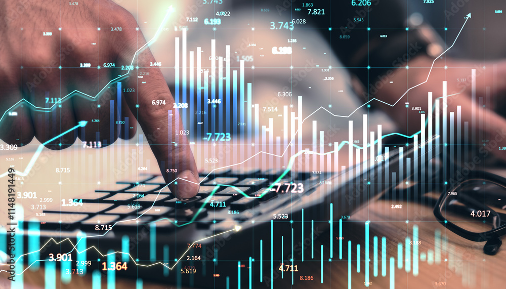 Poster hands using calculator with financial data charts overlayed, symbolizing business and trading analys