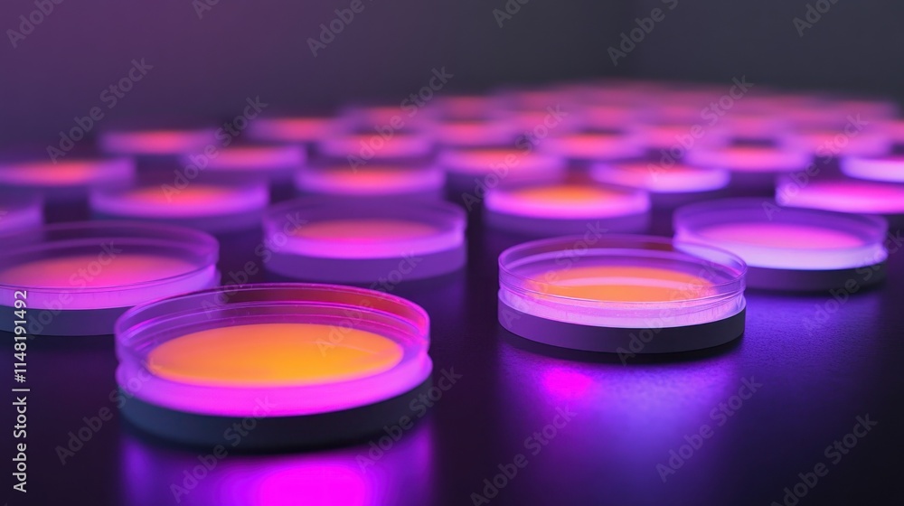 Poster illuminated circular objects arranged in rows on a dark surface, glowing with purple and orange ligh