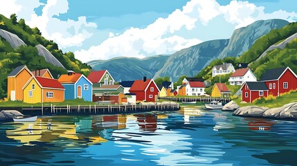 Naklejka premium Colorful Houses Line Picturesque Fjord Mountain Village