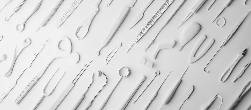Flat lay of various white medical instruments on white background.