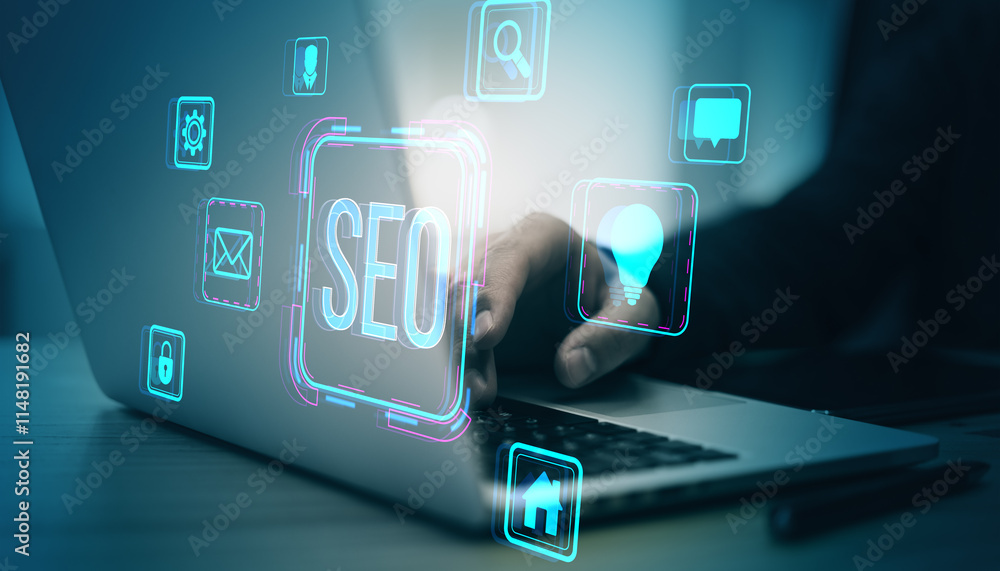 Poster digital seo interface on laptop keyboard with glowing icons on dark background.