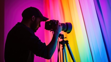 Photographer with DSLR camera on tripod, shooting vibrant rainbow background.