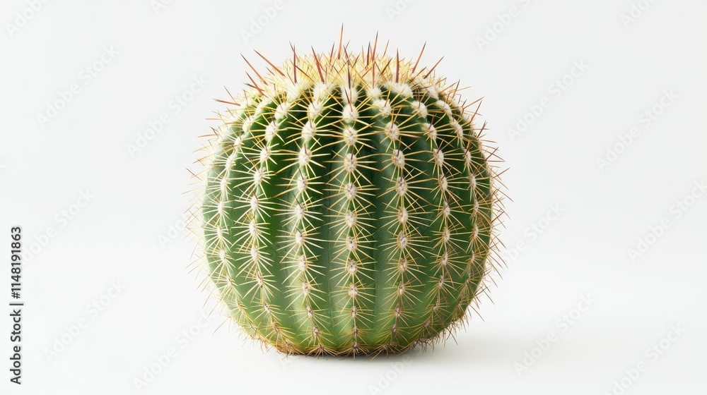 Poster round green cactus with sharp spines against a light background, featuring a symmetrical shape that 