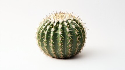 Fototapeta premium Round Green Cactus with Spines on a White Background, Ideal for Nature Themes and Minimalist Decor, Showcasing Beautiful Texture and Unique Form