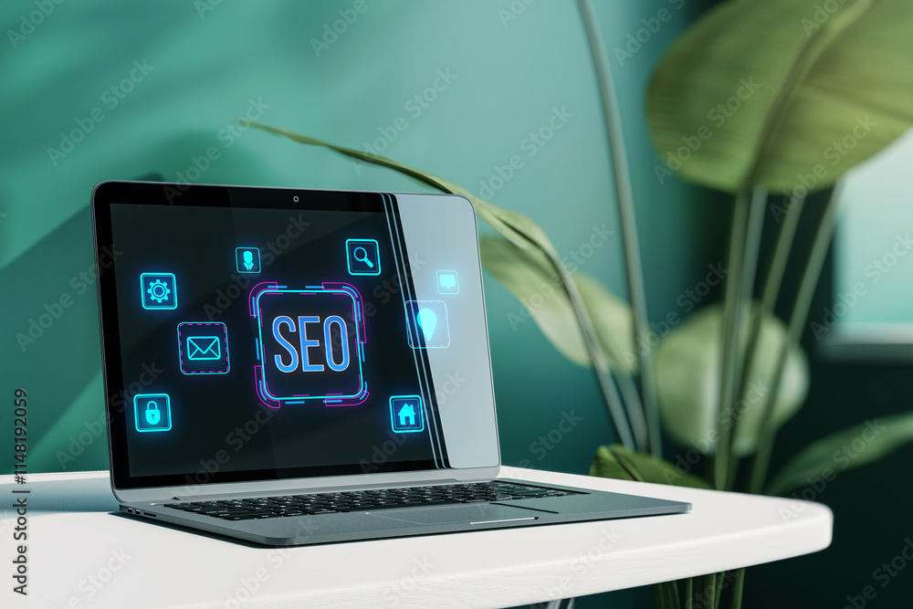 Poster laptop displaying seo icons on screen with modern neon design, placed on a desk in green-toned works