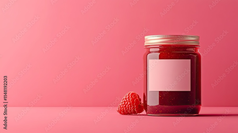 Aufkleber aesthetic raspberry jam jar on pink background with empty label and fresh raspberry highlighting the