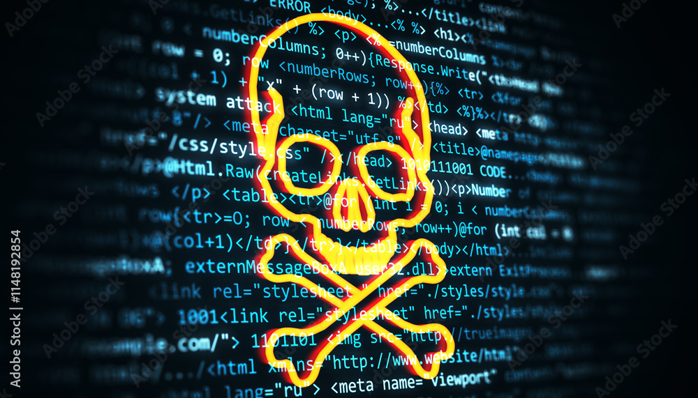 Aufkleber Neon skull and crossbones symbol over programming code background, symbolizing a cybersecurity threat or malware attack warning. 3D Rendering
