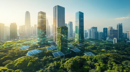 Obraz premium Eco-friendly city skyline with green spaces, solar panels, and digital network connections.