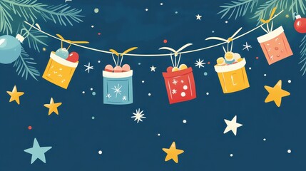 Playful Cartoon Advent Calendar Illustration Featuring Colorful Gift Boxes and Stars on a Festive Background for Holiday Decoration and Seasonal Themes