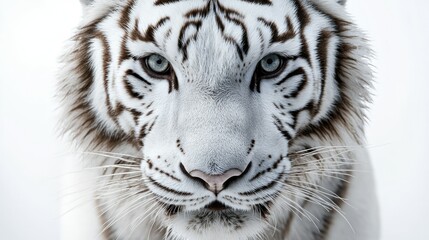 Naklejka premium Majestic White Tiger Portrait Captured Against a Minimalist Background, Highlighting Its Striking Blue Eyes and Unique Fur Patterns