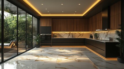 Fototapeta premium Modern kitchen with dark cabinetry, marble countertops, and large glass doors opening to a patio.