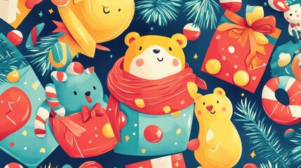 Fototapeta premium Whimsical and Vibrant Advent Calendar Wallpaper Featuring Cheerful Animals and Festive Gifts for a Joyous Holiday Experience