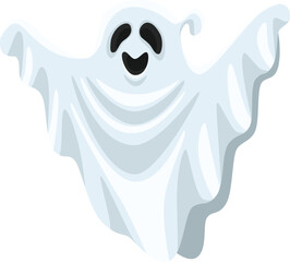 Cartoon illustration featuring a friendly ghost floating with open arms and a cheerful smile, creating a playful vibe perfect for Halloween themed projects and spooky designs