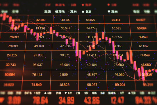 Financial chart with falling red candlesticks and data on a dark interface backdrop, representing market decline and economic loss. 3D Rendering