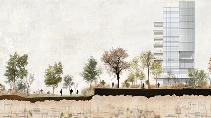 Architectural section showing a modern building integrated with a park landscape, showcasing people walking, trees, and a cross-section of the ground.