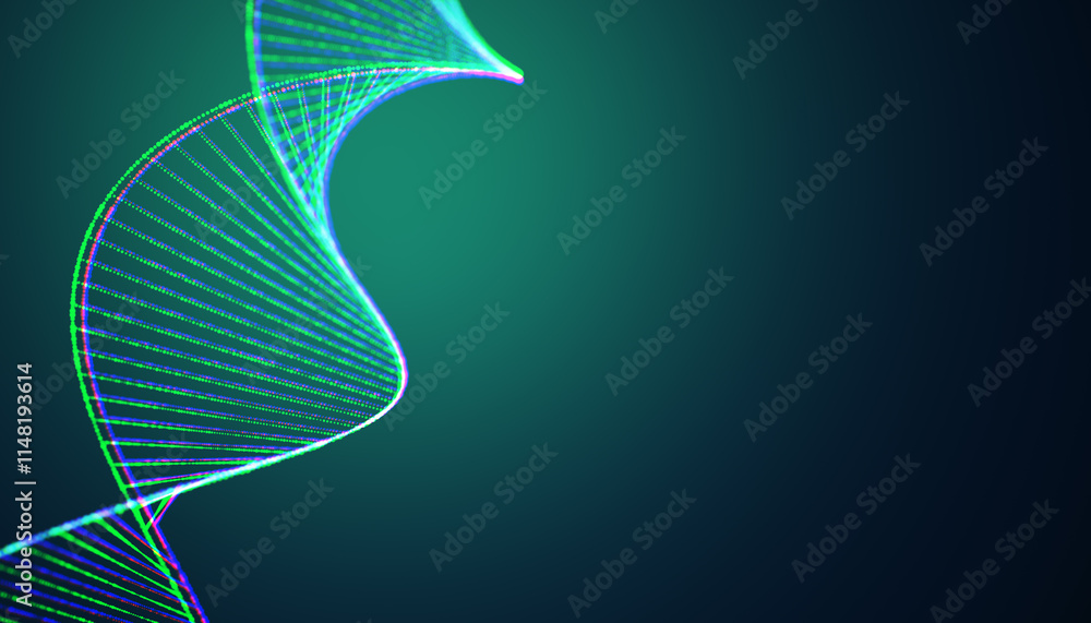 Poster Abstract DNA spiral with glowing green and blue lines on a dark gradient background. 3D Rendering