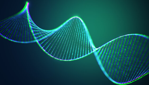 Glowing DNA Spiral Structure on Gradient Background, Representing Science and Technology. 3D Rendering - Powered by Adobe