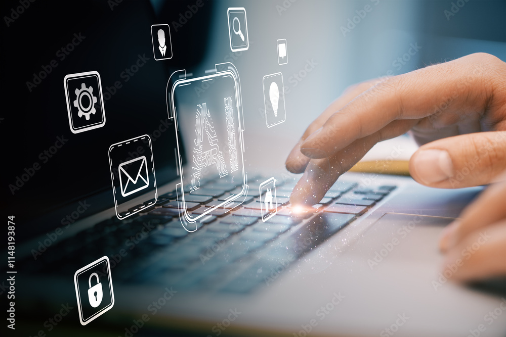 Poster Digital interface icons floating above a laptop keyboard with a user hand interacting with the device.