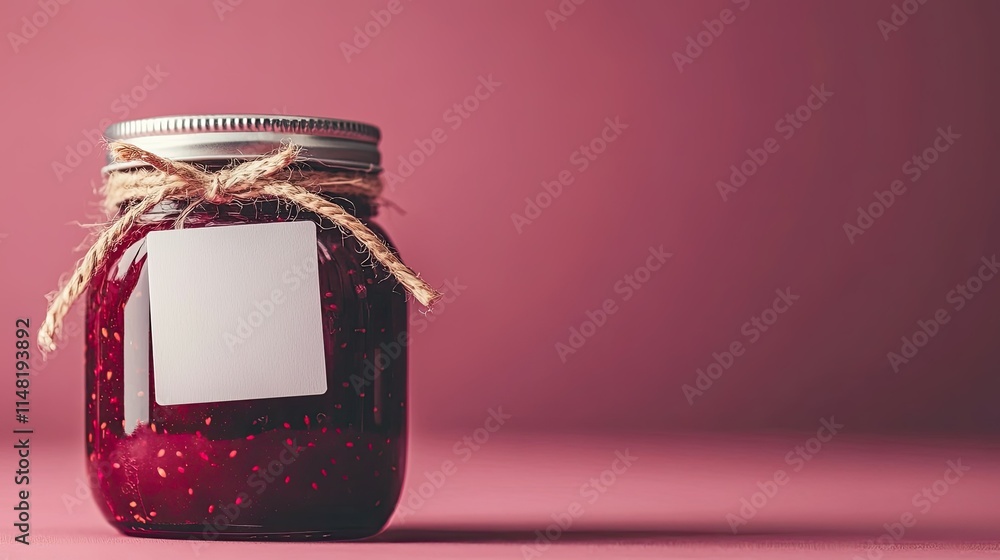 Aufkleber fresh homemade raspberry jam in a jar with twine and blank label on a soft pink background ideal for