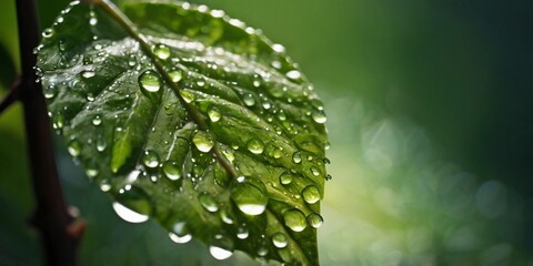 Close-Up of a Green Leaf with Water Droplets: A Refreshing and Tranquil Nature Photograph.