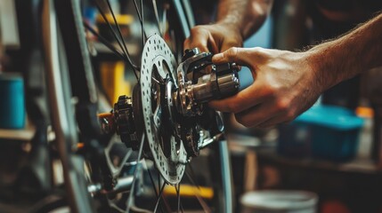 Bicycle Mechanic Repairing Disc Brake Caliper Wheel Hub