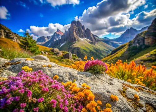 Macro Photography: Carlit Massif from Costabonne Chaos, Cerdagne, Pyrenees Mountains, France, Close-up Details, Nature, Wildflowers, Rocks, Textures