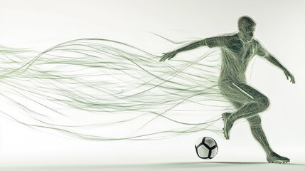 Abstract soccer player kicking ball, dynamic motion lines.