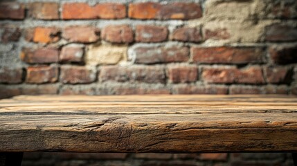 Rustic Wooden Table Surface with Weathered Texture Against a Vintage Brick Wall Background for Cozy or Industrial Style Decor Themes