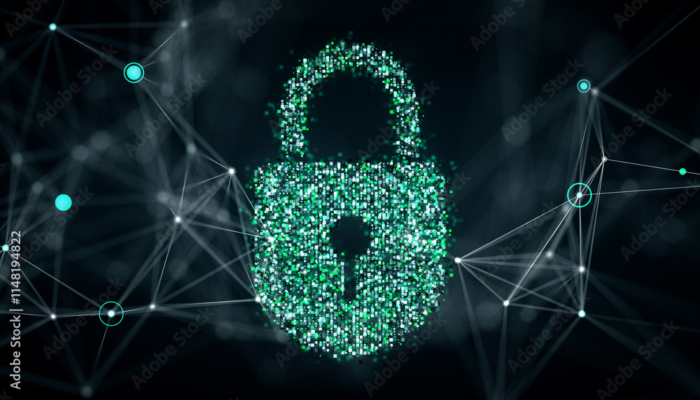 Poster Glowing green digital padlock symbol on networked nodes background, representing cybersecurity and data protection concept. 3D Rendering
