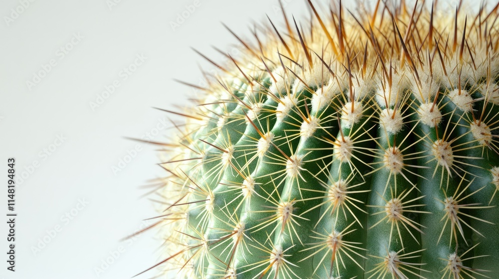 Poster close-up view of a vibrant cactus with sharp spines against a soft neutral background, showcasing na
