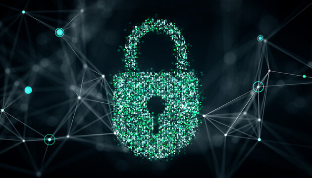 Glowing green digital padlock symbol on networked nodes background, representing cybersecurity and data protection concept. 3D Rendering