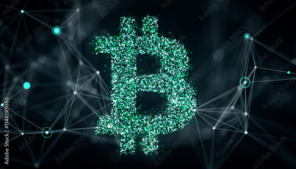 Poster Bitcoin symbol made of glowing green digital particles on a dark interconnected network background. 3D Rendering