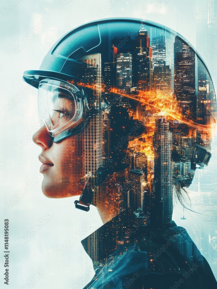 Aufkleber Profile of a person wearing a safety helmet and goggles with an abstract city skyline and vibrant colors in the background. Generative AI