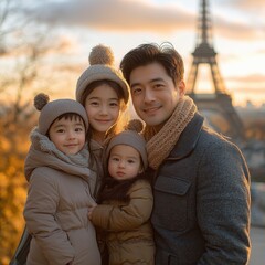 Obraz premium Parents and kids posing in front of a famous landmark during a cheerful family trip.