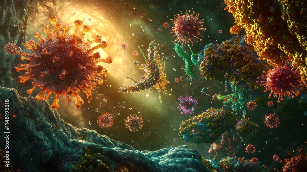 Poster microscopic view of colorful viruses and cells interacting in a dark space.