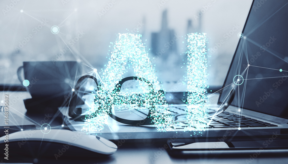 Poster futuristic ai concept with digital holographic display on a laptop in a modern workspace.
