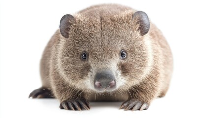 Fototapeta premium Close-Up of a Cute and Adorable Wombat with Soft Fur and Bright Eyes Posed Against a White Background, Showcasing Its Unique Features and Expressions