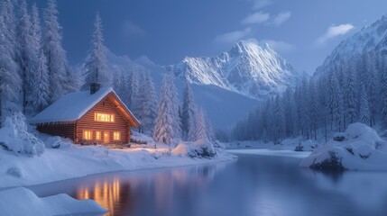 Fototapeta premium Cozy Wooden Cabin by a Frozen Lake in Snowy Mountains at Twilight, Warm Glowing Windows and Winter Wonderland, Perfect for Christmas or Winter Retreat Themes