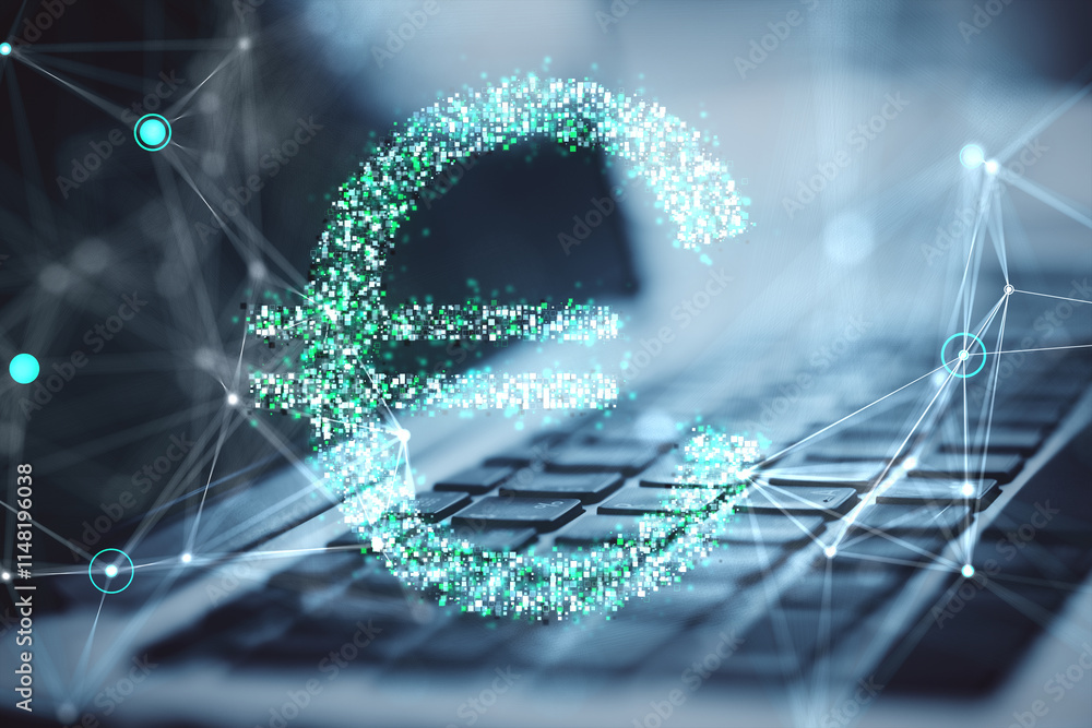 Poster digital hologram of euro sign with glowing pixelated effect on laptop keyboard, futuristic concept o